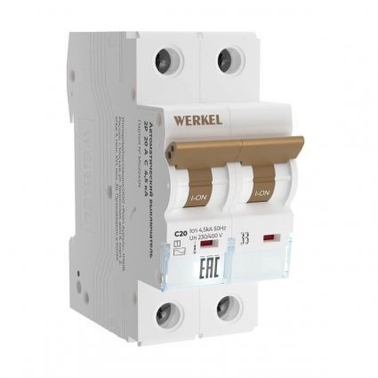 Автоматический выключатель Werkel 2P 20 A C 4,5 кА W902P204 4690389192685, цвет белый