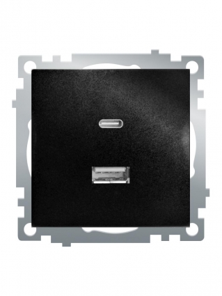 Розетка 2-местная USB + type C (механизм), STEKKER GLS10-7116-05, 250B, 3А, серия Катрин, черный 50055