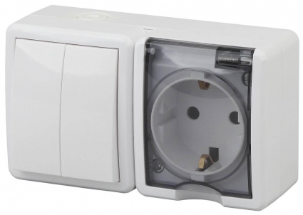 Блок розетка-выключатель двухклавишный ЭРА Эксперт IP54 16A 250V 11-7402-01 Б0020735, цвет белый,  в современном стиле