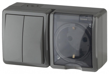 Блок розетка-выключатель двухклавишный ЭРА Эксперт IP54 16A 250V 11-7402-03 Б0020736, цвет серый,  в стиле Хай-тек