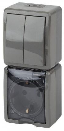 Блок розетка-выключатель двухклавишный ЭРА Эксперт IP54 16A 250V 11-7408-03 Б0036007, цвет серый,  в стиле Хай-тек