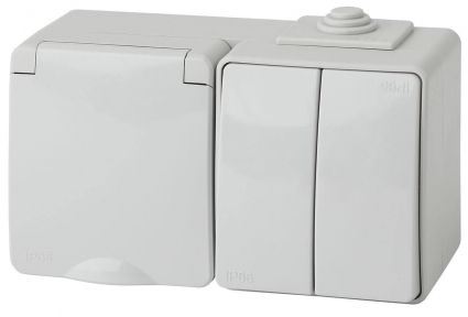 Блок розетка-выключатель двухклавишный ЭРА Эксперт IP65 16A 250V 11-7602-03 Б0035994, цвет серый,  в современном стиле