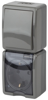 Блок розетка-выключатель ЭРА Эксперт IP54 16A 250V 11-7407-03 Б0036005, цвет серый,  в стиле Хай-тек