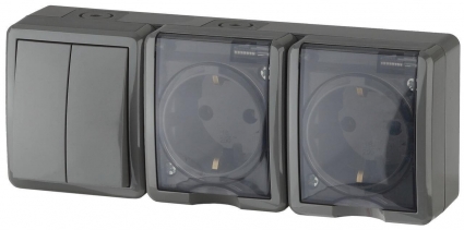 Блок розетки-выключатель двухклавишный ЭРА Эксперт IP54 16A 250V 11-7404-03 Б0027676, цвет серый,  в стиле Хай-тек