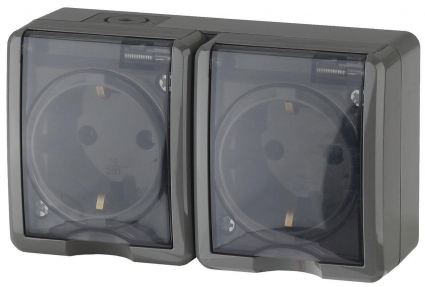 Розетка ЭРА Эксперт 2х2P+E IP54 16A 250V 11-2403-03 Б0020717, цвет серый,  в стиле Хай-тек