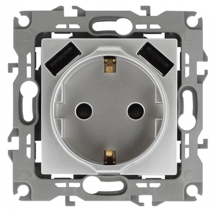 Розетка Эра Elegance 2P E со шторками 16A 250V 2xUSB 14-4109-03 Б0047869, цвет серый,  в современном стиле