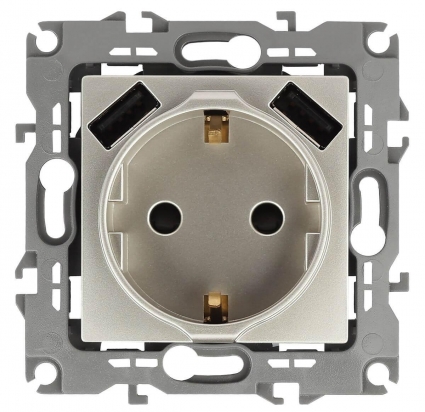 Розетка Эра Elegance 2P E со шторками 16A 250V 2xUSB 14-4109-04 Б0047870, цвет желтый,  в современном стиле