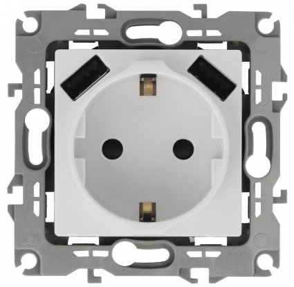 Розетка ЭРА Intro Solo Schuko P+E 16A 250V со шторками 2хUSB белый 12-4109-01 Б0047840, цвет белый,  в современном стиле