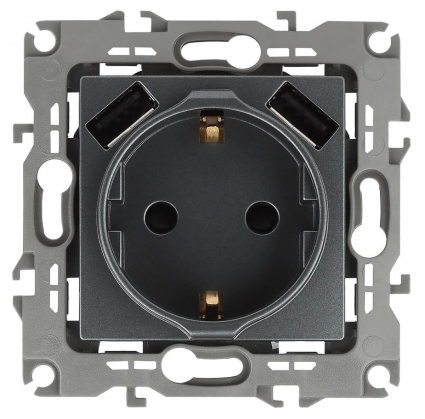 Розетка ЭРА Intro Solo Schuko P+E 16A 250V со шторками 2хUSB графит 12-4109-12 Б0047846, цвет серый,  в современном стиле