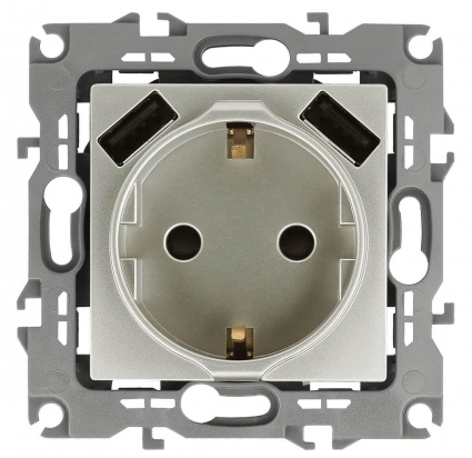 Розетка ЭРА Intro Solo Schuko P+E 16A 250V со шторками 2хUSB перламутр 12-4109-15 Б0047849, цвет белый,  в современном стиле