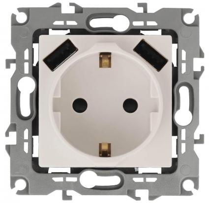 Розетка ЭРА Intro Solo Schuko P+E 16A 250V со шторками 2хUSB слоновая кость 12-4109-02 Б0047841, цвет белый,  в современном стиле