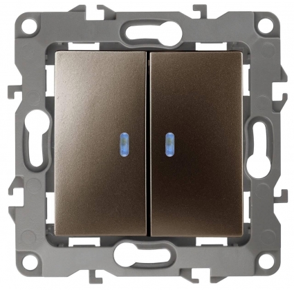 Выключатель двухклавишный с подсветкой ЭРА 12 10AX 250V 12-1105-13 Б0019292, цвет бронза,  в стиле модерн