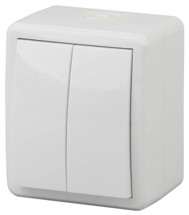 Выключатель двухклавишный с подсветкой ЭРА Эксперт 10AX 250V IP54 11-1405-01 Б0020677, цвет белый,  в современном стиле