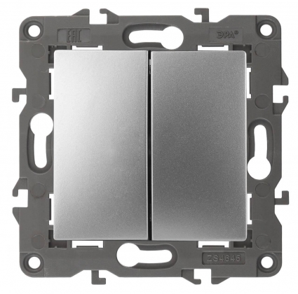 Переключатель двухклавишный ЭРА Elegance 10AX 250V 14-1106-03 Б0034245, цвет серый,  в стиле Хай-тек