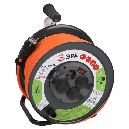 Удлинитель силовой ЭРА 4гн 50м с/з RMx-4es-3x2.5-50m-IP44 Б0052922, цвет черный