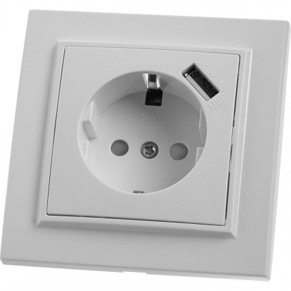 Розетка 1-местная с/з Stekker, PST16-9011-01, 250В, 16А с защитной шторкой и с USB Эрна, белый 39051, цвет белый