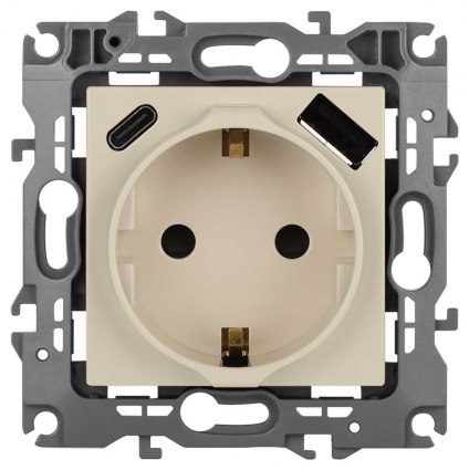 Розетка ЭРА Серия 12 12-4108-02 2P+E 16A-250В со шторками с USB type-A+C 5В-3А слоновая кость Б0067731, цвет белый