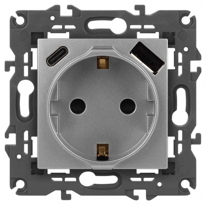 Розетка ЭРА Elegance 14-4108-03 2P+E 16A-250В со шторками с USB type-A+C 5В-3А алюминий Б0067741, цвет серый