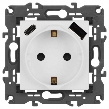Розетка ЭРА Elegance 14-4108-01М 2P+E 16A-250В со шторками с USB type-A+C 5В-3А белый матовый Б0067710, цвет белый