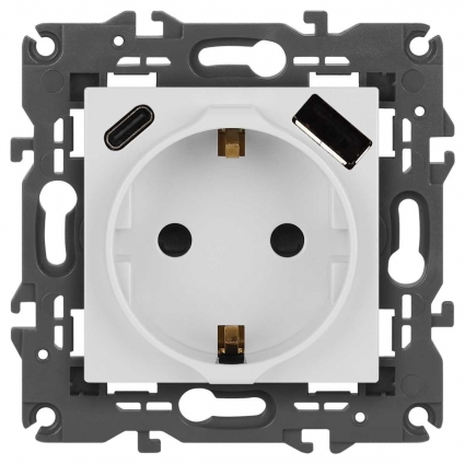 Розетка ЭРА Elegance 14-4108-01 2P+E 16A-250В со шторками с USB type-A+C 5В-3А белый Б0067736, цвет белый