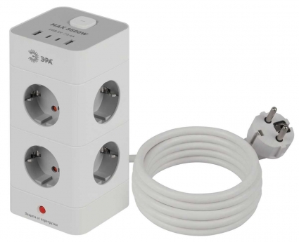 Сетевой фильтр ЭРА TWR-8es-1,5m-4USB-W башня с защитой заземлением с выключателем 8 розеток+4xUSBA+C 1,5м 16А белый Б0069071, цвет белый