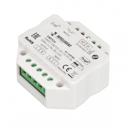 Релейный модуль Arlight SMART-SWITCH-701-72-PS-IN (230V, 1x1.5A, ZB, 2.4G) 035308, цвет белый