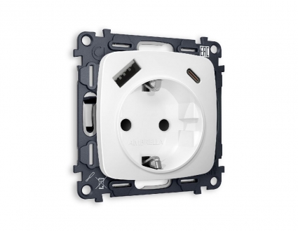 Комплект механизма розетки 2USB A+C 20W (быстрая зарядка) с/з Ambrella Volt Omega MO130010, цвет белый