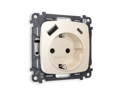 Комплект механизма розетки 2USB A+C 20W (быстрая зарядка) с/з Ambrella Volt Omega MO310010, цвет бежевый