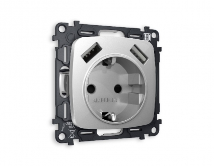 Комплект механизма розетки 2USB A+A 18W (быстрая зарядка) с/з Ambrella Volt Omega MO409010, цвет серебро