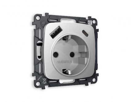 Комплект механизма розетки 2USB A+C 20W (быстрая зарядка) с/з Ambrella Volt Omega MO410010, цвет серебро