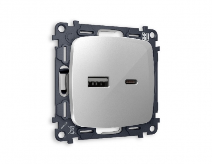 Комплект механизма розетки 2USB A+C 20W (быстрая зарядка) Ambrella Volt Omega MO411010, цвет серебро