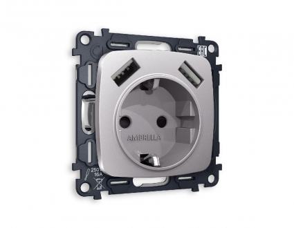 Комплект механизма розетки 2USB A+A 18W (быстрая зарядка) с/з Ambrella Volt Omega MO509010, цвет серый
