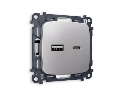 Комплект механизма розетки 2USB A+C 20W 3000mA (быстрая зарядка) Ambrella Volt Omega MO511010, цвет серый