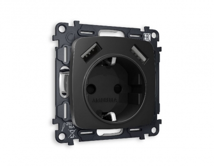 Комплект механизма розетки 2USB A+A 18W (быстрая зарядка) с/з Ambrella Volt Omega MO809010, цвет черный