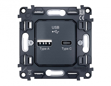 Механизм розетки 2USB A+C 20W (быстрая зарядка) Ambrella Volt Quant VM177, цвет серый