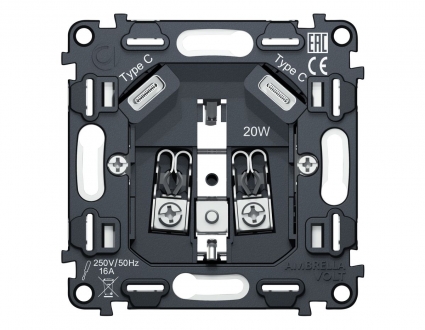 Механизм электрической розетки 2USB С+C 20W (быстрая зарядка) с/з на винтовых зажимах 16A-250V QUANT Ambrella Volt VM165, цвет серый