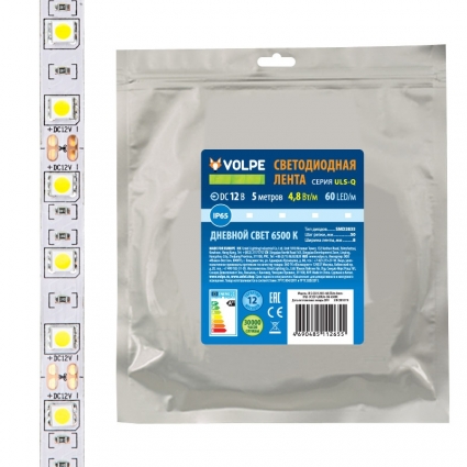Светодиодная влагозащищенная лента Volpe (UL-00004532) 4,8W/m 60LED/m 2835SMD холодный белый 5M ULS-Q323 2835-60LED/m-8mm-IP65-DC12V-4,8W/m-5M-6500K