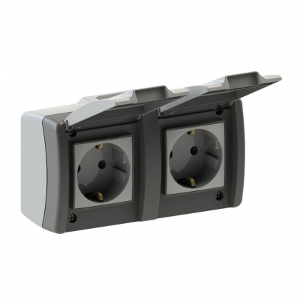 Розетка 2К+З двойная Mono Electric Octans IP54 16A 250V с крышкой винтовое подключение бело-серый 154-020007-120, цвет серый,  в современном стиле