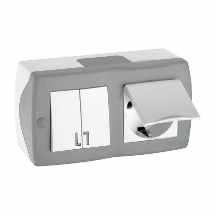 Выключатель - розетка Mono Electric Octans IP20 двухклавишный - 2К+З с крышкой бело-серый 104-020001-187, цвет серый,  в современном стиле