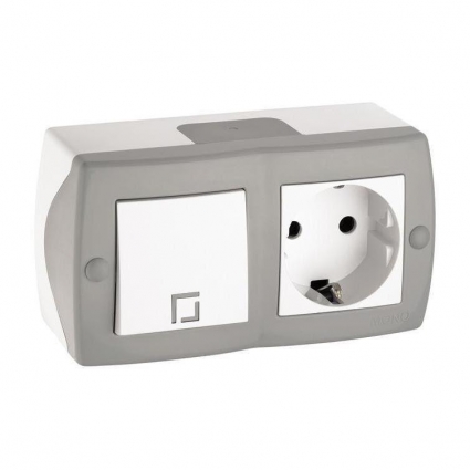 Выключатель - розетка Mono Electric Octans IP20 одноклавишный - 2К+З бело-серый 104-020001-180, цвет серый,  в современном стиле