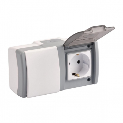 Выключатель - розетка Mono Electric Octans IP54 одноклавишный - 2К+З бело-серый 154-020001-180, цвет серый,  в современном стиле